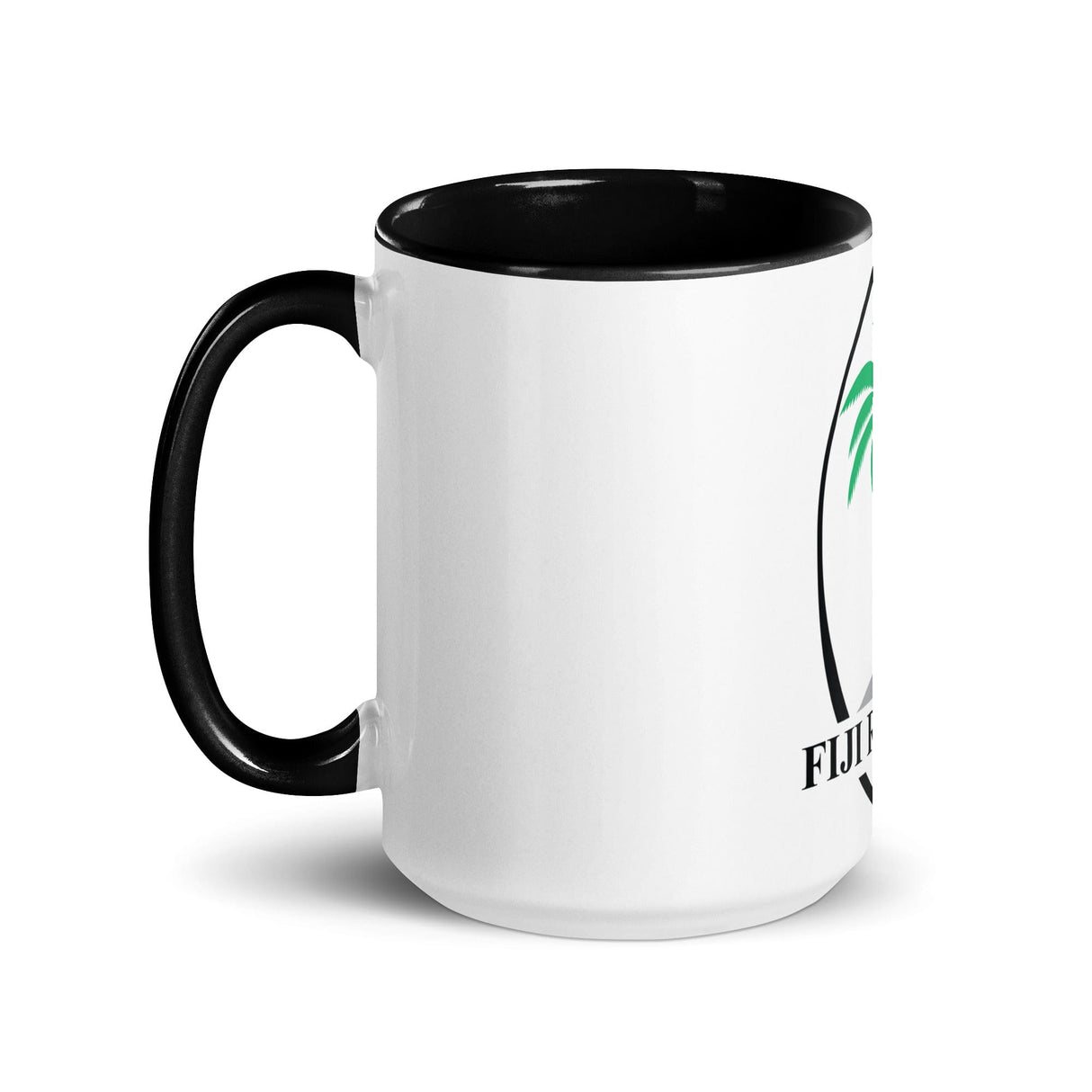 A Fiji Throwback Mug featuring a PF LIC Rugby palm tree design.