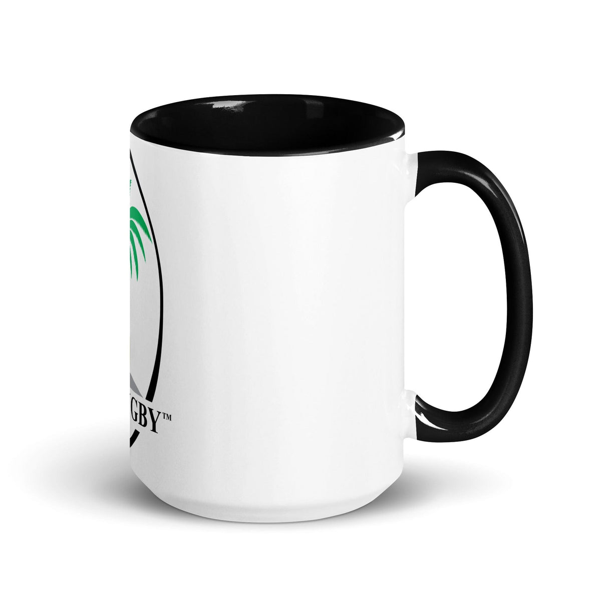 A white and black Fiji Throwback Mug with a palm tree on it, perfect for fans of Fiji Rugby.