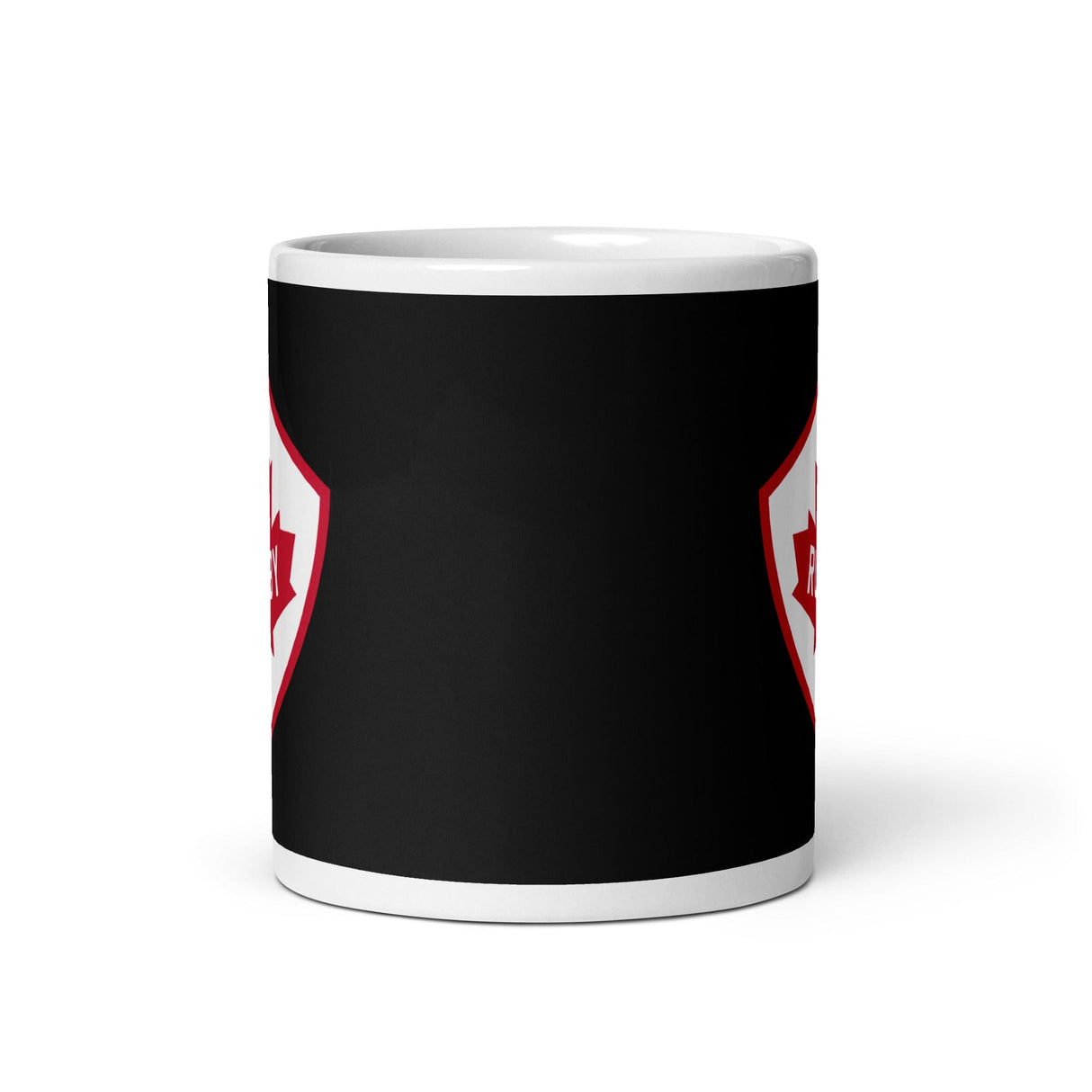 A black and red Rugby Canada White/Black Glossy Mug with a shield - perfect for Canadian rugby fans. (Brand: PF LIC)