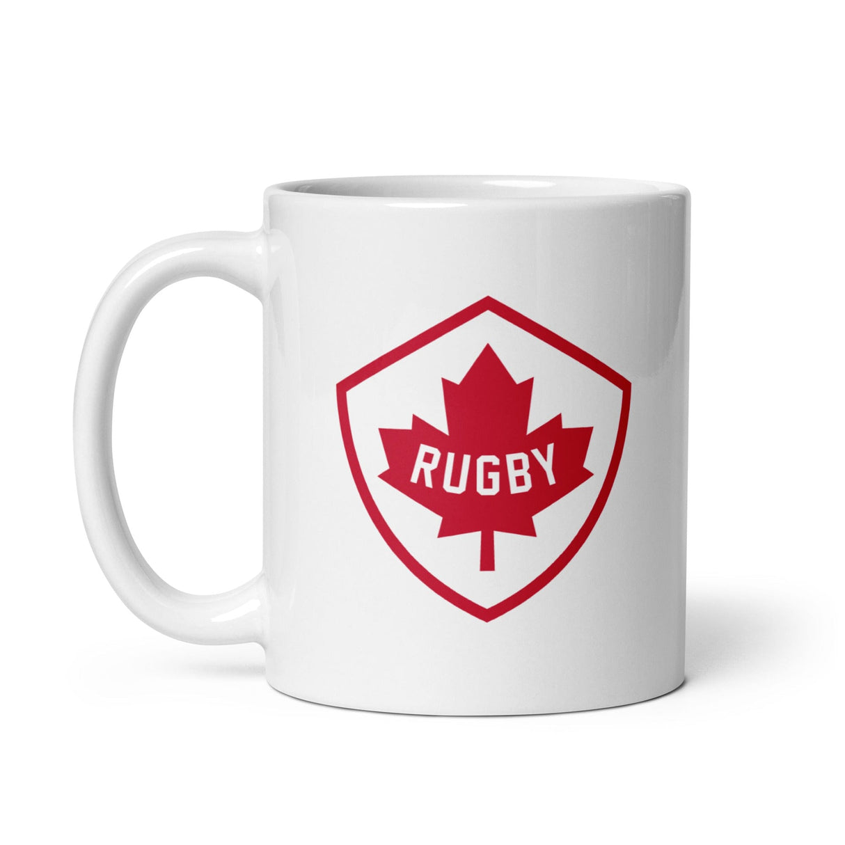 A Rugby Canada White Glossy Mug with the word rugby on it, perfect for Canadian rugby fans from PF LIC.