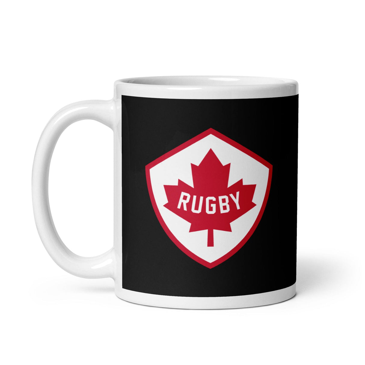 A Rugby Canada White/Black Glossy Mug with the word rugby on it, perfect for Canadian rugby fans. (Brand: PF LIC)