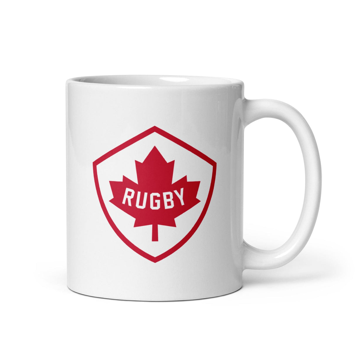 A Rugby Canada White Glossy Mug with the word rugby on it, perfect for Canadian rugby fans.