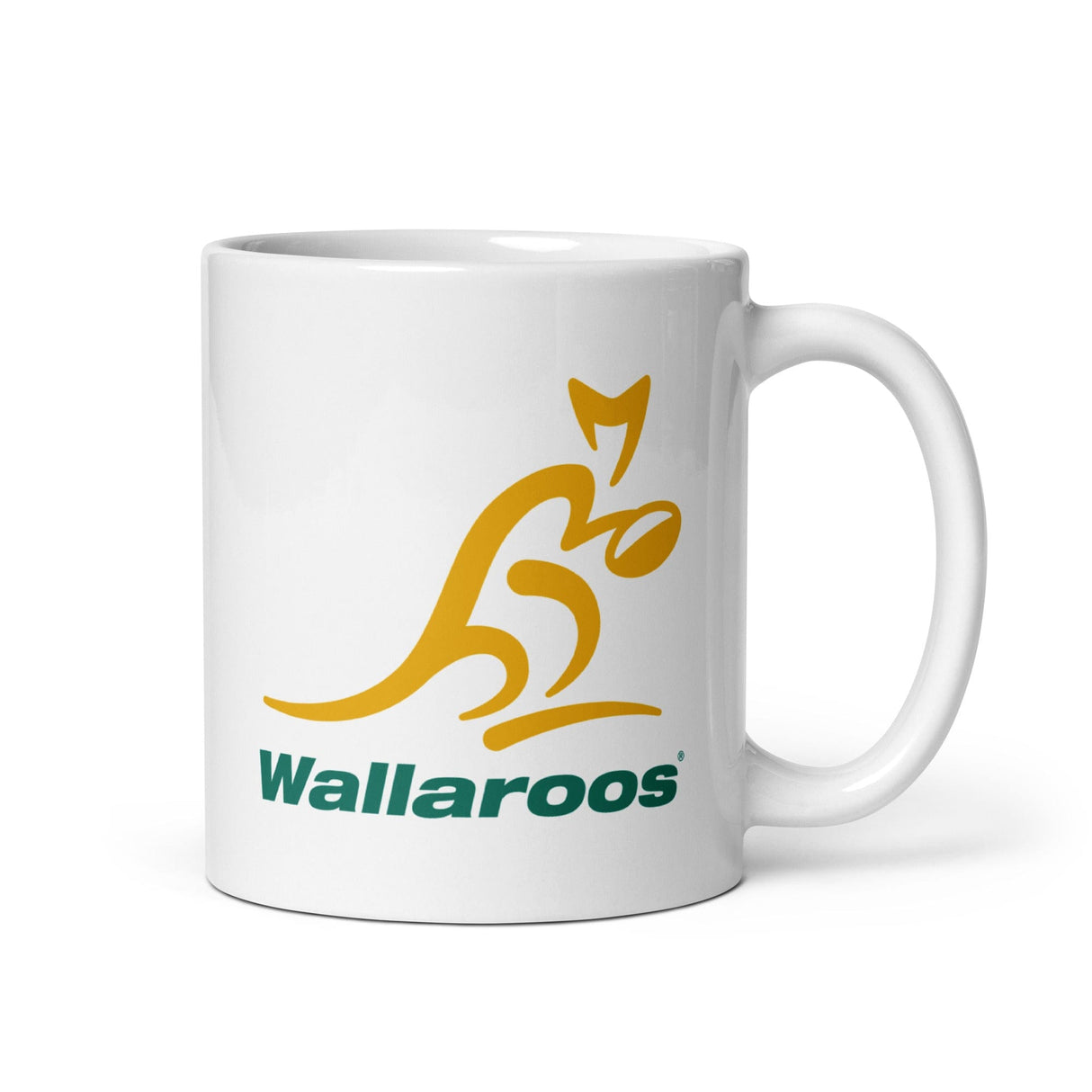A white Wallaroos Mug with a kangaroo logo on it, perfect for fans of Wallaroos or Rugby Australia from the brand PF LIC.