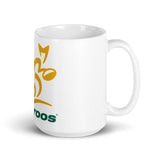 A white Wallaroos mug with the word PF LIC on it.