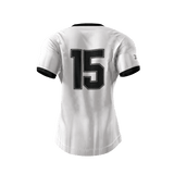 The Custom GIL AXI JS Morton High Alumni Jersey is a white short-sleeve sports top with black trim, featuring a large black number 15 on the back.