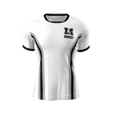 The JS Morton High Alumni Jersey by Custom GIL AXI is a white rugby shirt with black trim and stripes, featuring an "M" logo and "RUGBY" text on the left chest, shown on a plain background.
