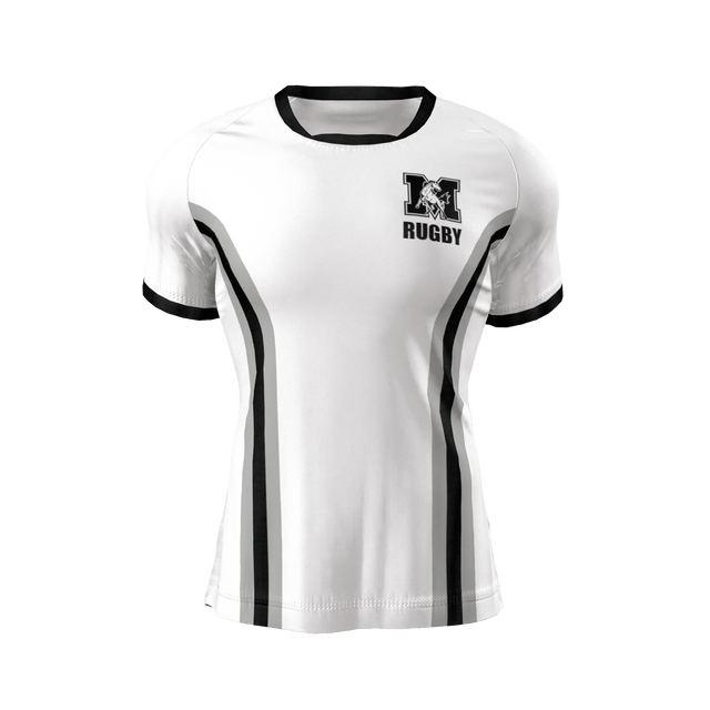 The JS Morton High Alumni Jersey by Custom GIL AXI is a white rugby shirt with black trim and stripes, featuring an "M" logo and "RUGBY" text on the left chest, shown on a plain background.