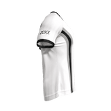 The JS Morton High Alumni Jersey by Custom GIL AXI is a white short-sleeve athletic shirt with black side stripes and "20XX" on the left sleeve, displayed on a light background.