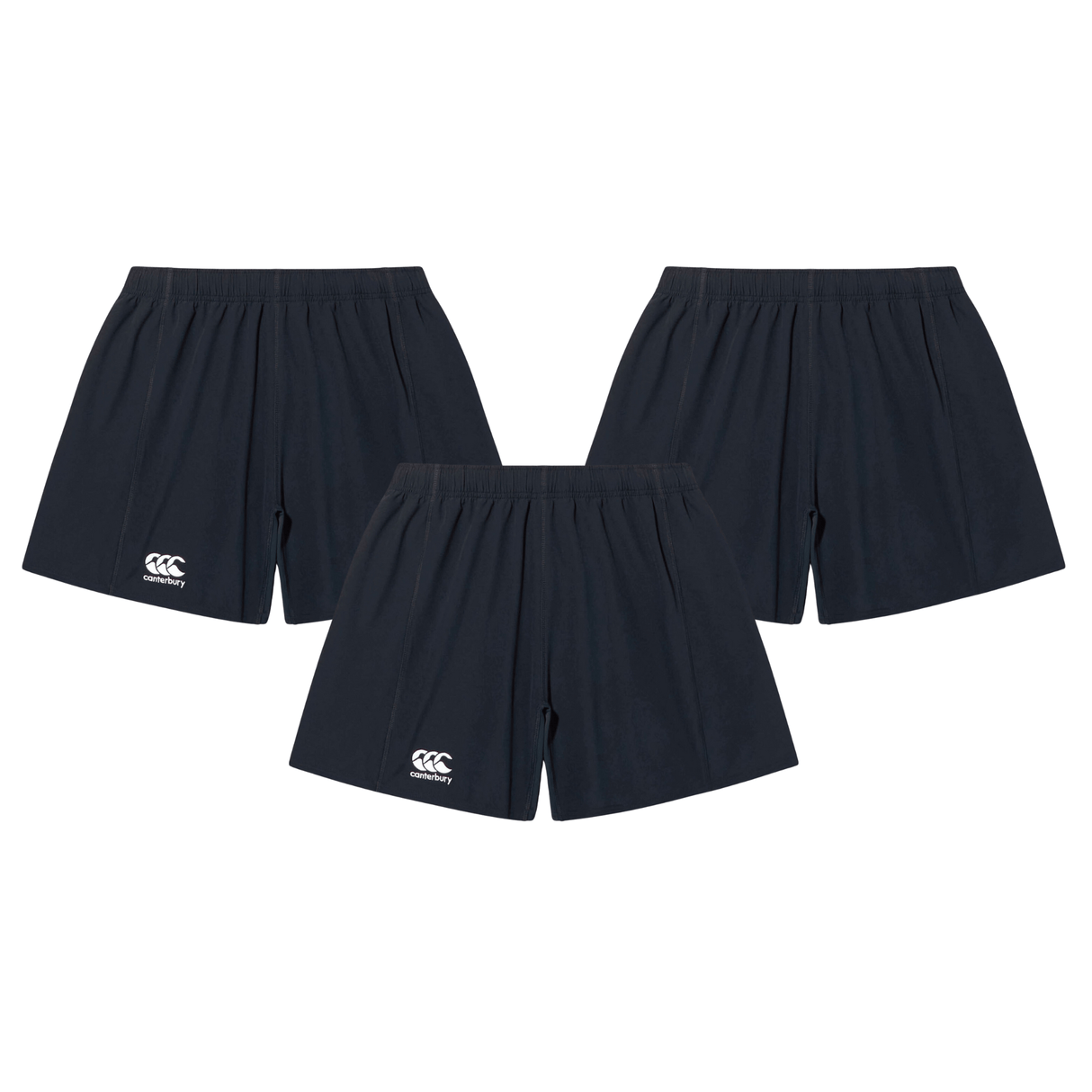 The Canterbury Yokohama Short 3-Pack Bundle from Bundle features three black rugby shorts with elastic waistbands and a white logo on the left leg, arranged in a triangular formation on a white background.