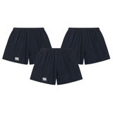 The Canterbury Yokohama Short 3-Pack Bundle from Bundle features three black rugby shorts with elastic waistbands and a white logo on the left leg, arranged in a triangular formation on a white background.