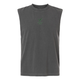 The Zionsville Rugby Unisex Muscle Tee by EMB S&S Activewear is a faded black, heavyweight cotton muscle tee with a sleeveless design, round neckline, and small green "RUGIBLE RUGBY" chest logo—ideal for Zionsville Rugby fans.