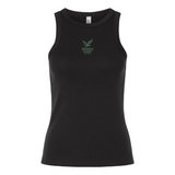 The EMB S&S Activewear Women's Zionsville Rugby Baby Rib Tank features "Zionsville Rugby" and a green eagle logo on the chest—a stylish choice to display your team pride.