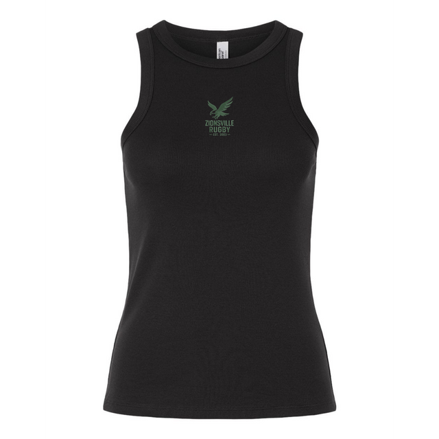 The EMB S&S Activewear Women's Zionsville Rugby Baby Rib Tank features "Zionsville Rugby" and a green eagle logo on the chest—a stylish choice to display your team pride.