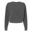 The EMB S&S Activewear Women's Zionsville Rugby Mid-Length Crewneck Sweatshirt comes in charcoal gray with a subtle green chest graphic and text.