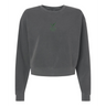 The EMB S&S Activewear Women's Zionsville Rugby Mid-Length Crewneck Sweatshirt comes in charcoal gray with a subtle green chest graphic and text.
