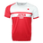 Round neck short sleeve jersey. Right sleeve red, white chest, Japan flag on chest, red stripe center of chest with Japan and Rugby underneath. Red torso.
