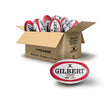 A box of Gilbert G-TR4000 Red Rugby Training Ball Size 5 Bundles with a cardboard box of them.