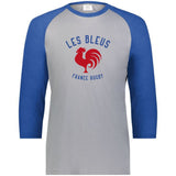 Grey 3/4 sleeve raglan shirt with royal blue sleeves and collar and a blue and red Les Bleus France Rugby logo that features a rooster.