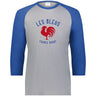 Grey 3/4 sleeve raglan shirt with royal blue sleeves and collar and a blue and red Les Bleus France Rugby logo that features a rooster.