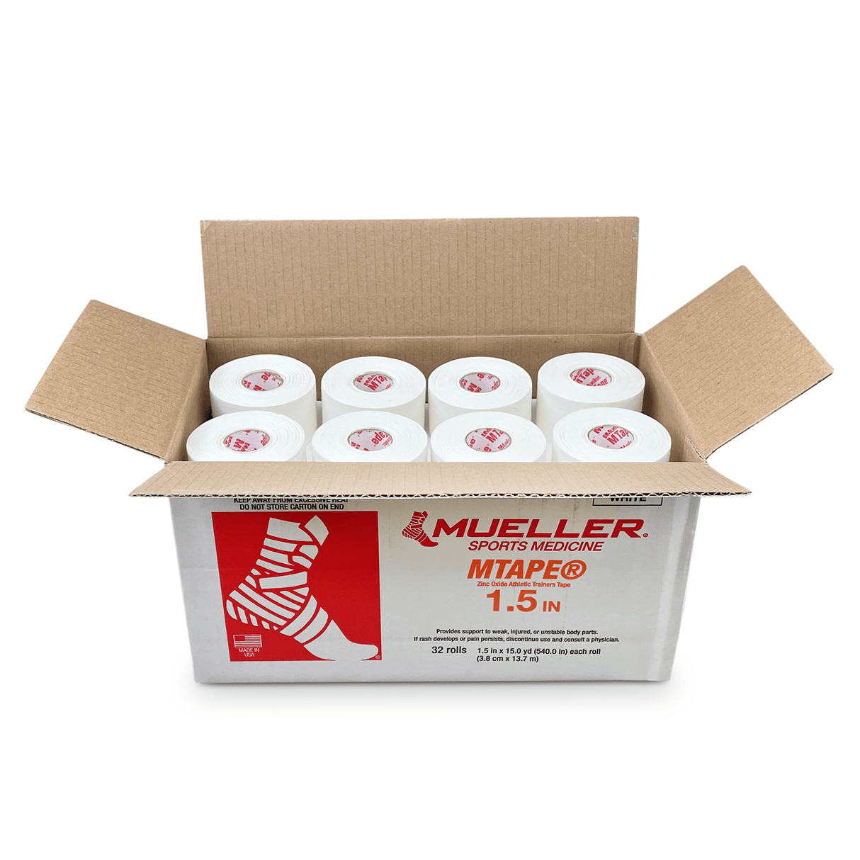 A box labeled with Mueller branding contains 32 rolls of Mueller Mtape Case-32 Tape Rolls, featuring prominent product labels and logos on the exterior.