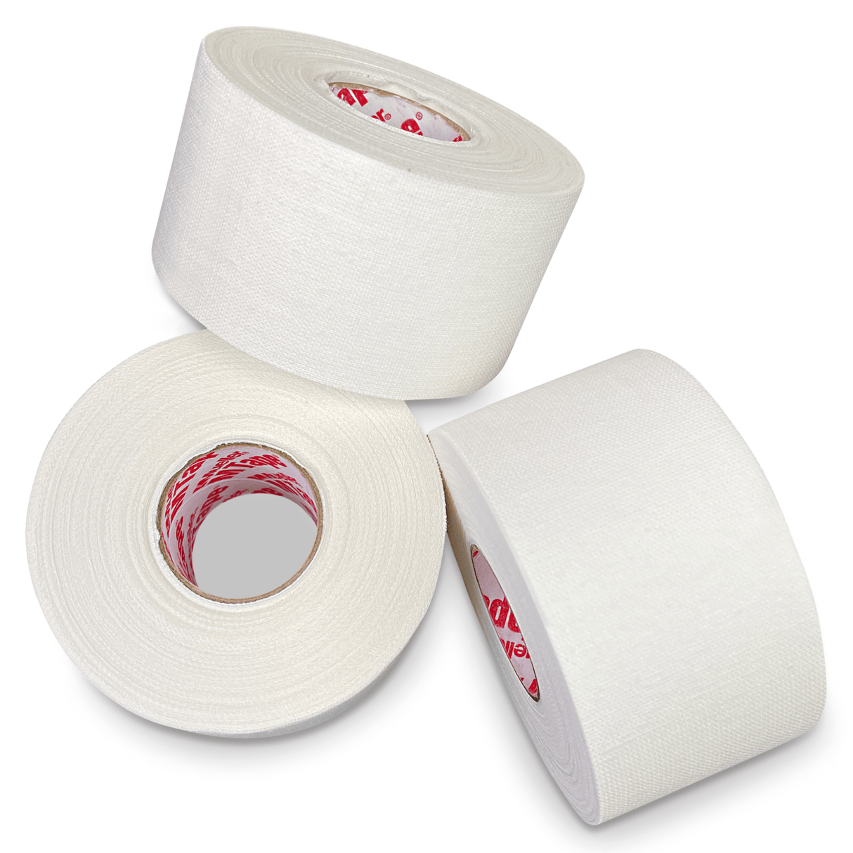 Three rolls of white Mueller Mtape from the Mueller Mtape Case-32 Tape Rolls, with two lying horizontally and one positioned upright, against a white background.