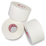 Three rolls of white Mueller Mtape from the Mueller Mtape Case-32 Tape Rolls, with two lying horizontally and one positioned upright, against a white background.