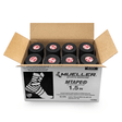 An open box labeled "Mueller Mtape Case-32 Tape Rolls" from the Mueller brand, containing 32 rolls of black athletic tape, displayed alongside text and images on the box that indicate its use and characteristics in sports medicine.