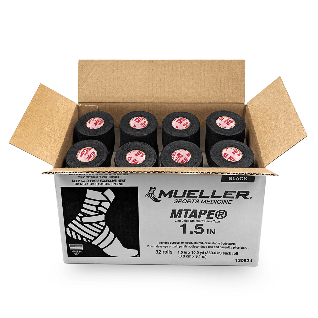 An open box labeled "Mueller Mtape Case-32 Tape Rolls" from the Mueller brand, containing 32 rolls of black athletic tape, displayed alongside text and images on the box that indicate its use and characteristics in sports medicine.