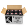 An open box labeled "Mueller Mtape Case-32 Tape Rolls" from the Mueller brand, containing 32 rolls of black athletic tape, displayed alongside text and images on the box that indicate its use and characteristics in sports medicine.
