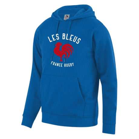 Royal blue hoodie with kangaroo pocket, draw strings, and a center front, white and red Les Bleus France Rugby design featuring a rooster.