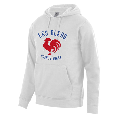 White hoodie with kangaroo pocket, draw strings, and a center front, blue and red Les Bleus France Rugby design featuring a rooster.