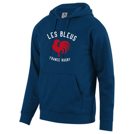 Navy hoodie with kangaroo pocket, draw strings, and a center front, white and red Les Bleus France Rugby design featuring a rooster.