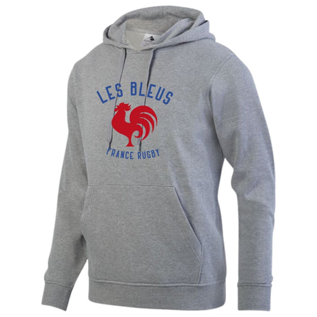 Grey hoodie with kangaroo pocket, draw strings, and a center front, blue and red Les Bleus France Rugby design featuring a rooster.
