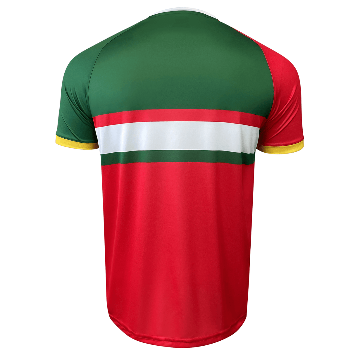 Back side of short sleeve rugby jersey.  Green back and left sleeve, red right sleeve both trimmed in yellow, a red lower torso with red, white and green stripes across the center. 