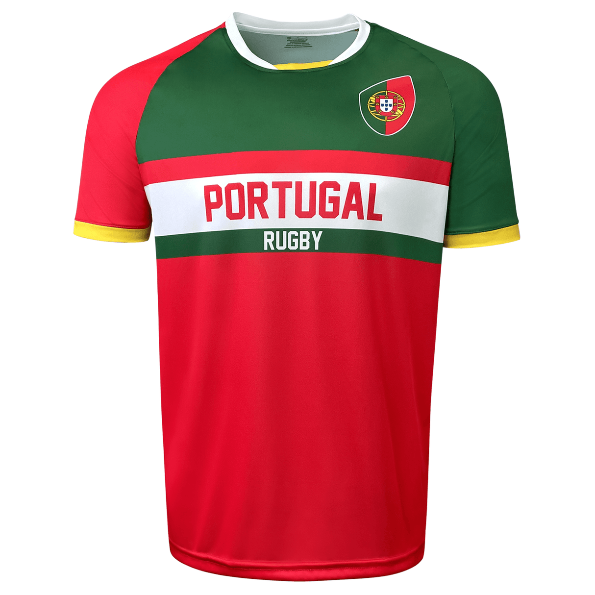 Green and red short sleeve round neck jersey with Portugal flag on upper left chest, Portugal on the center and Rugby below.