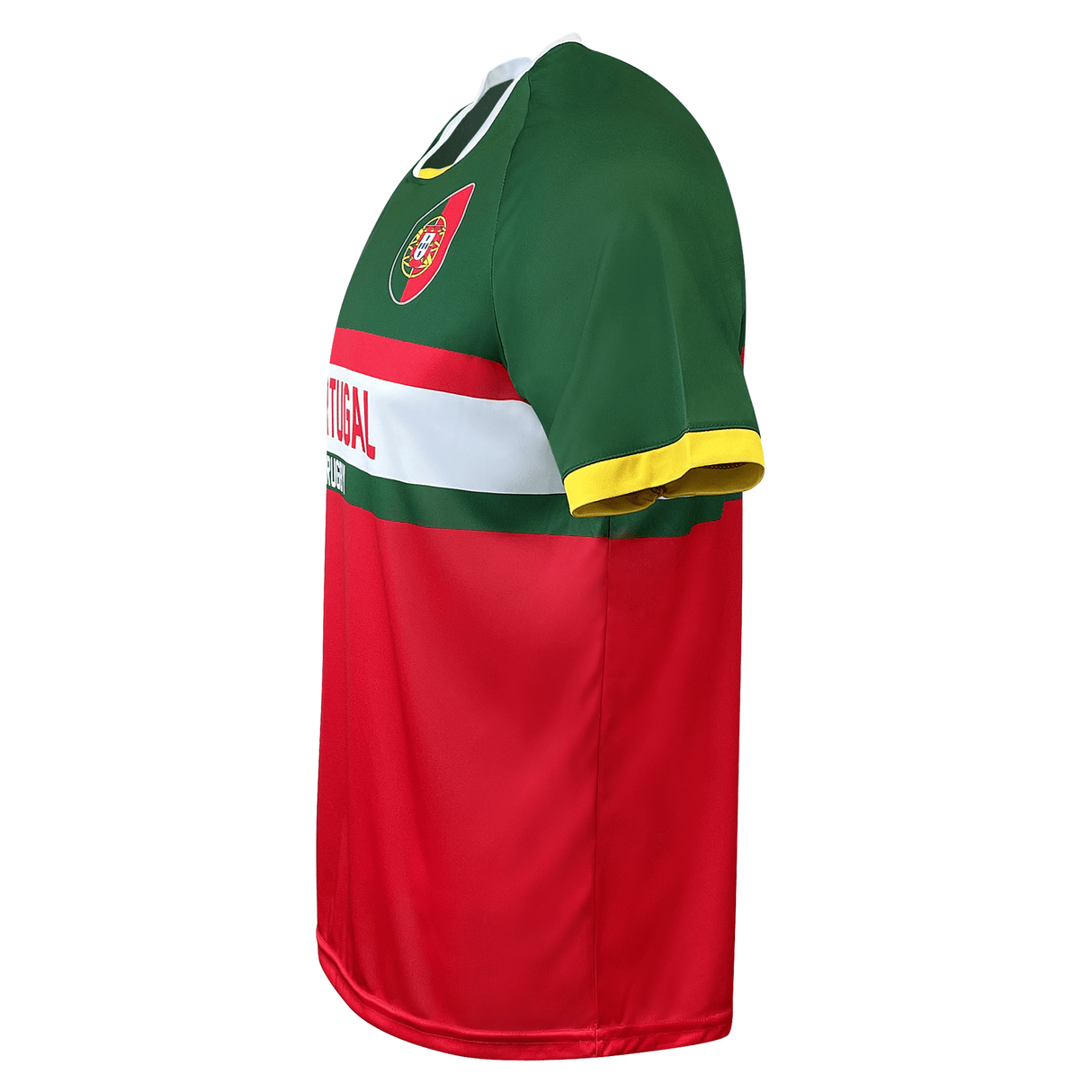 Side view of Portugal green and red jersey with yellow trimmed sleeves Portugal crest on upper left chest and Portugal Rugby in the center.  