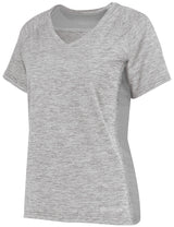 An Augusta Sportswear Women's Electrify Coolcore Rugby Training T-shirt with a v-neck and short sleeves.