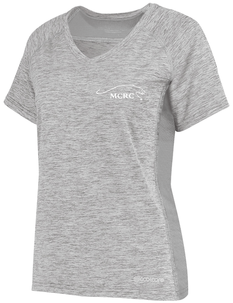 Middlebury College Women's Electrify Coolcore Rugby Training Tee with a white logo on the chest.