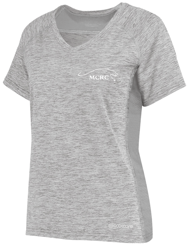 Middlebury College Women's Electrify Coolcore Rugby Training Tee with a white logo on the chest.
