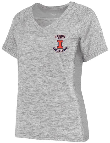 Illinois RFC Women's Electrify Coolcore Rugby Training Tee with a red and blue logo on it.