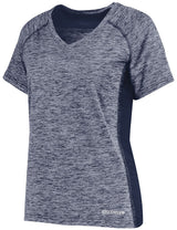 An Augusta Sportswear Women's Electrify Coolcore Rugby Training T-shirt with a v-neck and short sleeves.