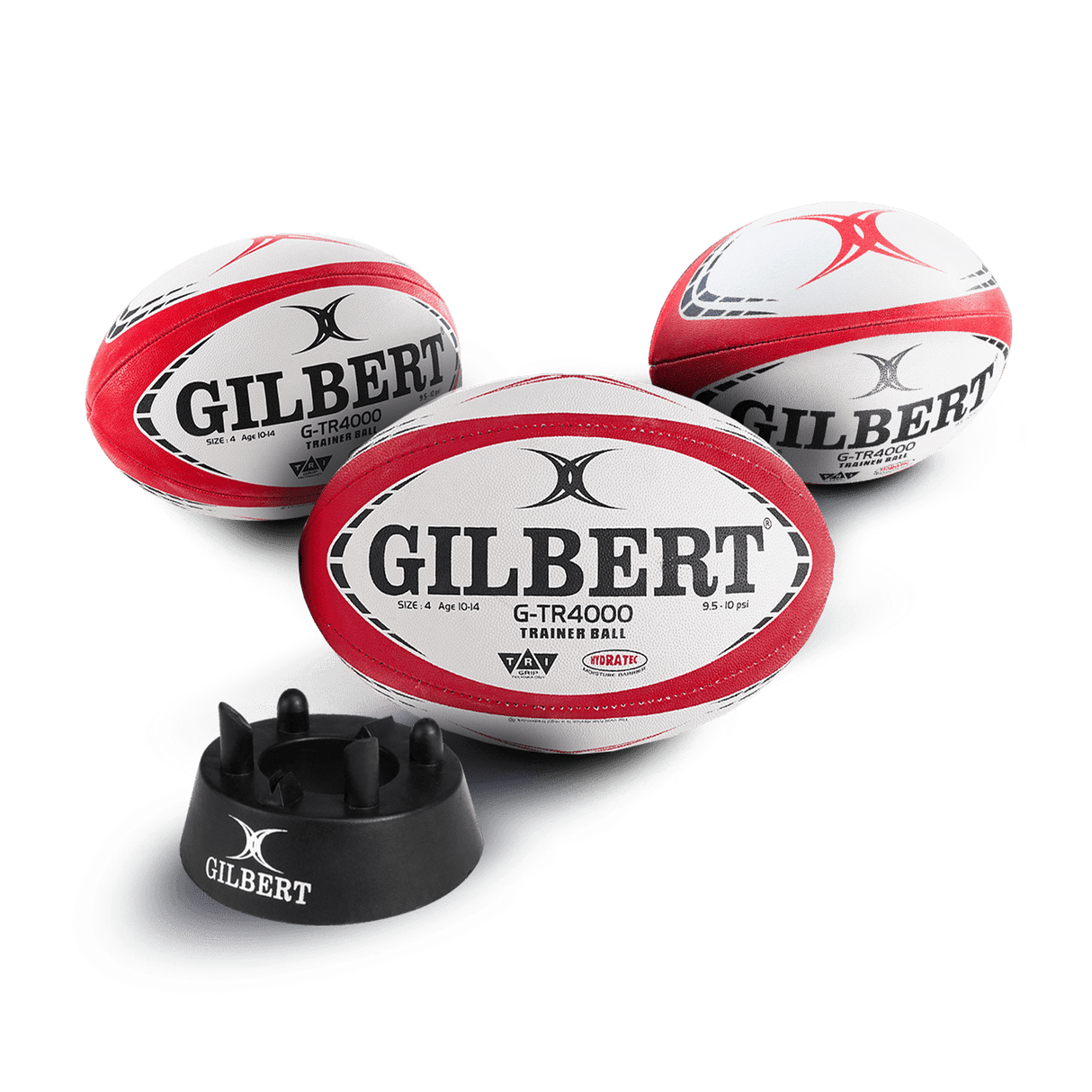 Gilbert Red G-TR4000 Training Rugby Ball Size 5 Set of 3 + Kicking Tee