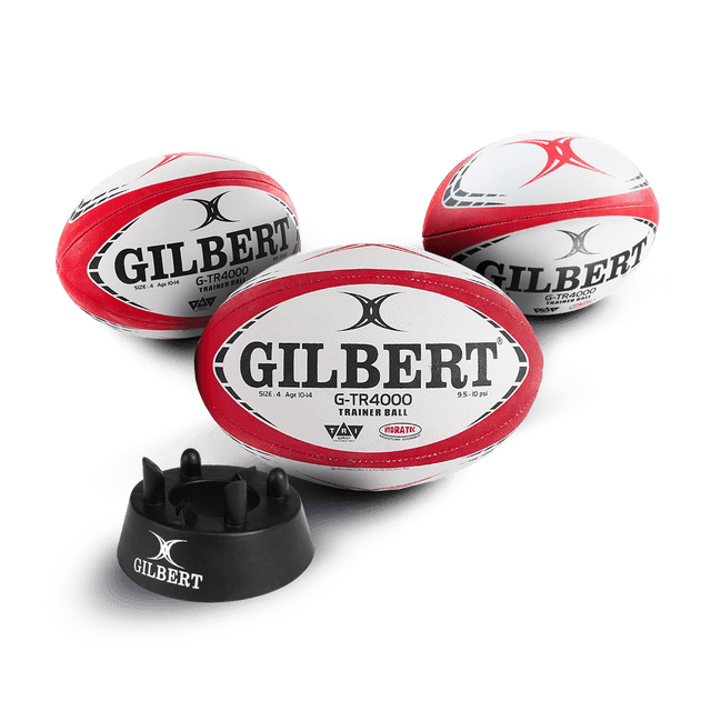Gilbert Red G-TR4000 Training Rugby Ball Size 5 Set of 3 + Kicking Tee