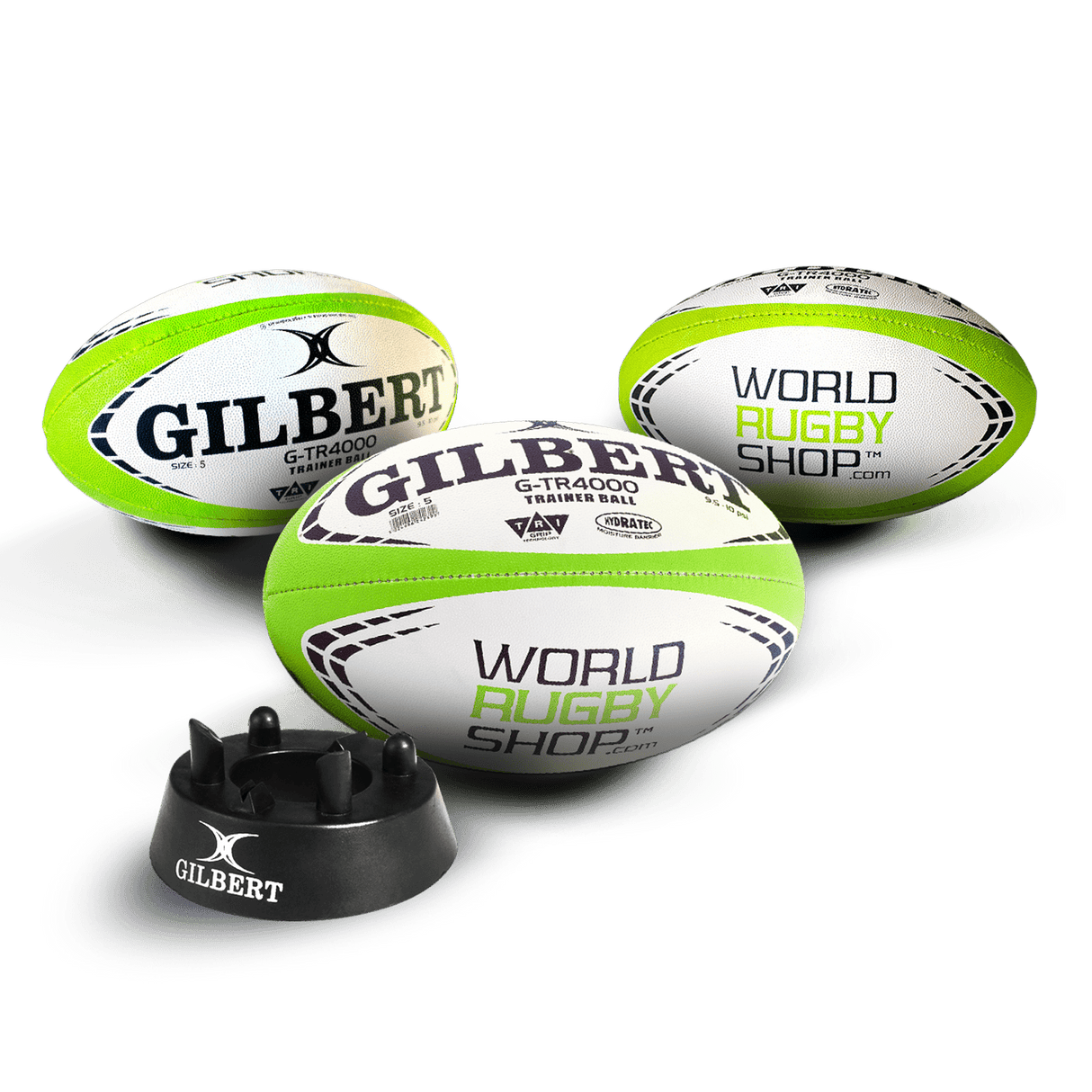 Set of 3 Size 5 G-TR4000 Training rugby balls by gilbert, set includes a gilbert kicking tee in black