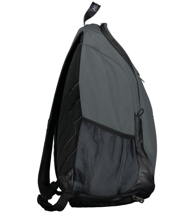 An Augusta Sportswear Free Form Rugby Backpack in gray and black on a white background.