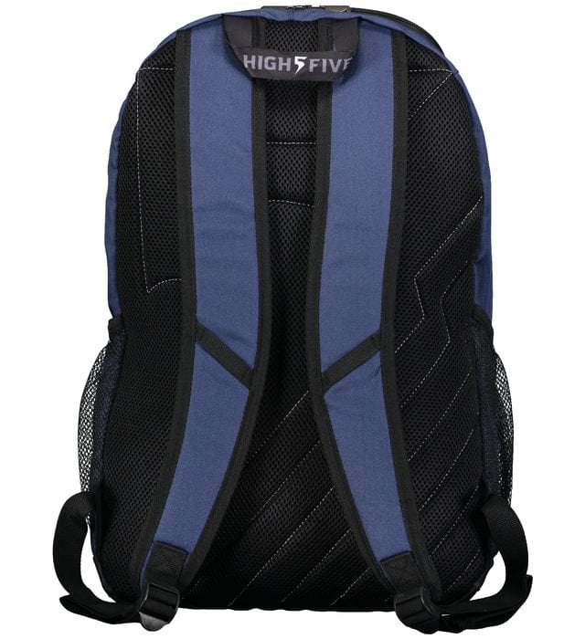 a blue and black backpack with the words high five on it.