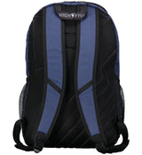 a blue and black backpack with the words high five on it.