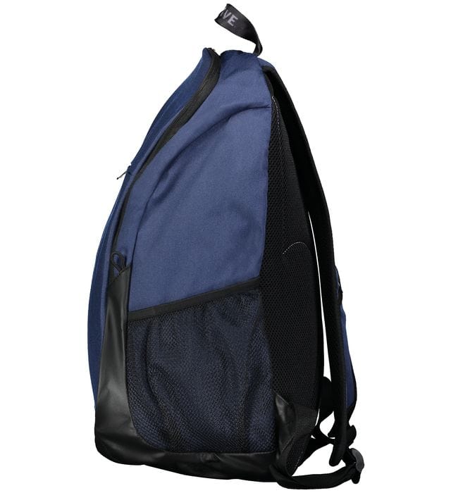 A blue and black Augusta Sportswear Free Form Rugby Backpack with a black strap.