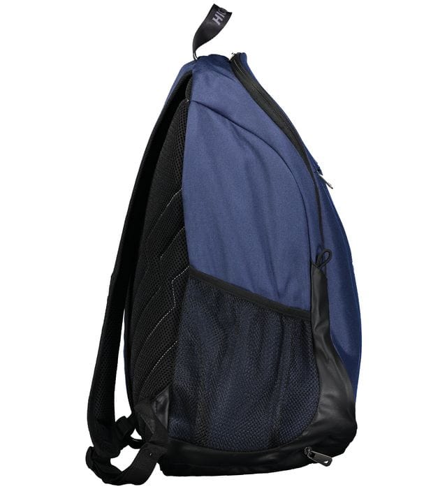 An Augusta Sportswear Free Form Rugby Backpack in blue and black on a white background.