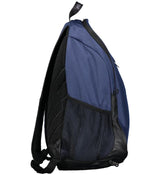 An Augusta Sportswear Free Form Rugby Backpack in blue and black on a white background.